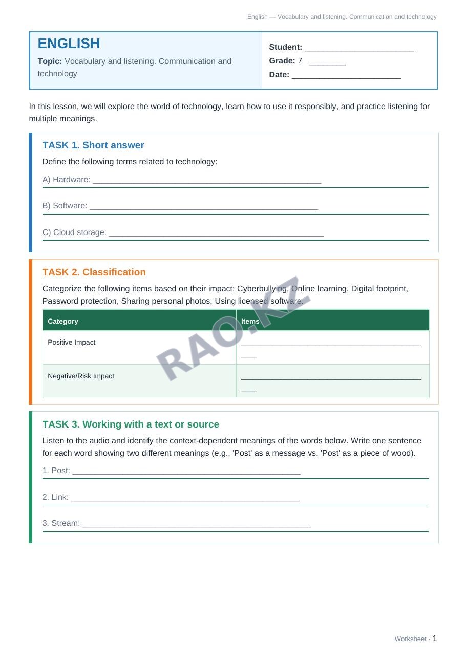 Worksheet English Grade 7 Term 1: Vocabulary and listening. Communication and technology