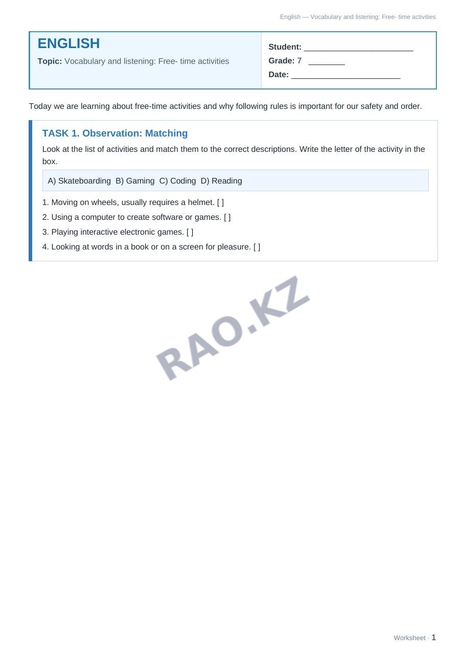 Worksheet English Grade 7 Term 1: Vocabulary and listening: Free- time activities