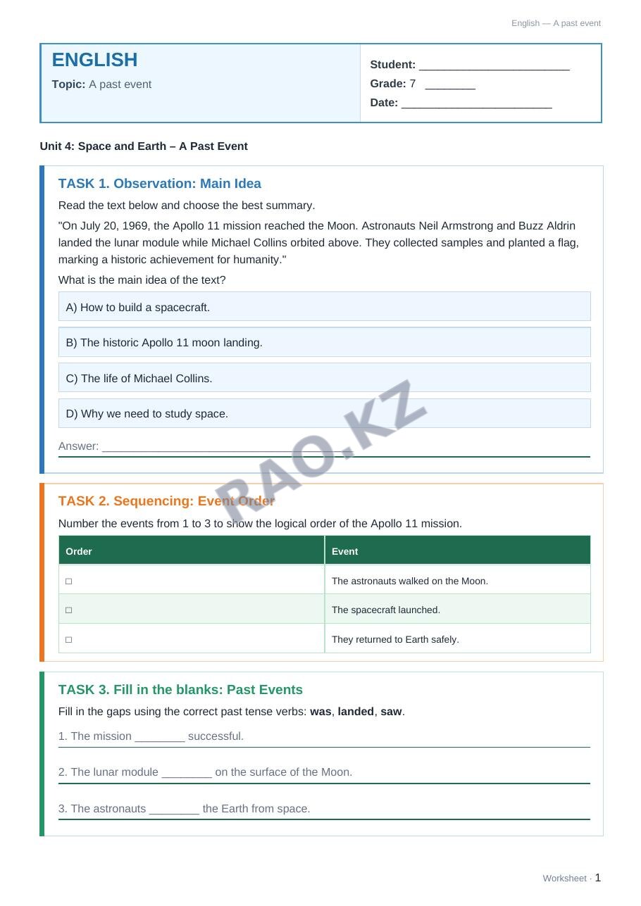Worksheet English Grade 7 Term 2: A past event