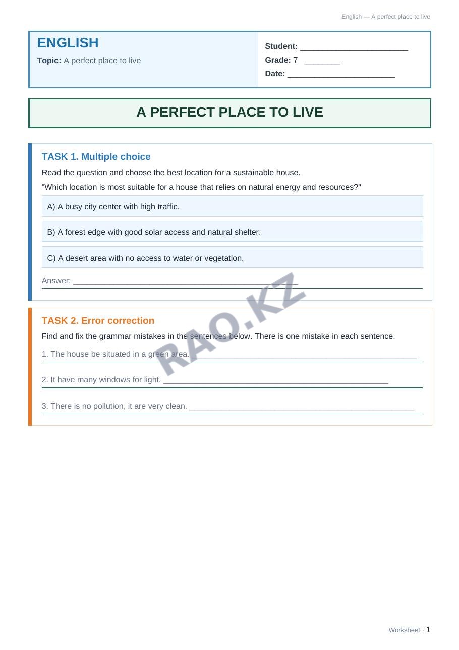 Worksheet English Grade 7 Term 2: A perfect place to live
