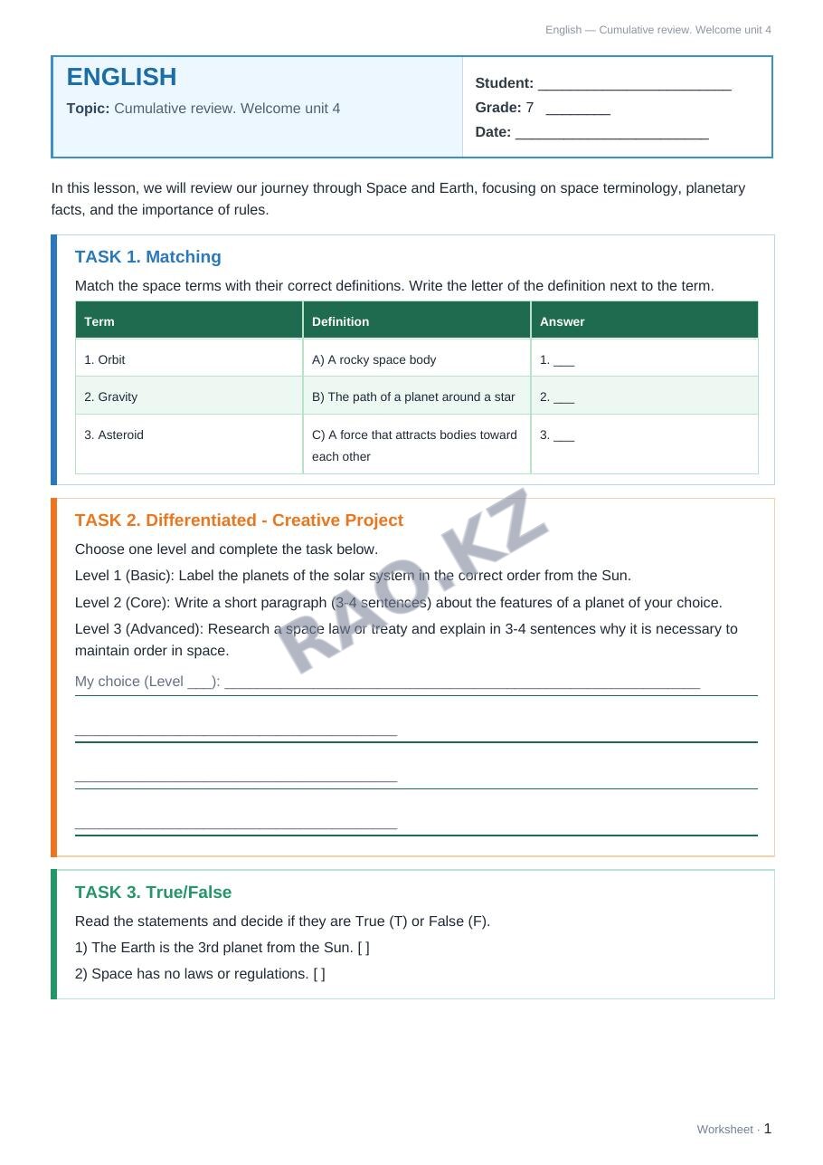 Worksheet English Grade 7 Term 2: Cumulative review. Welcome unit 4