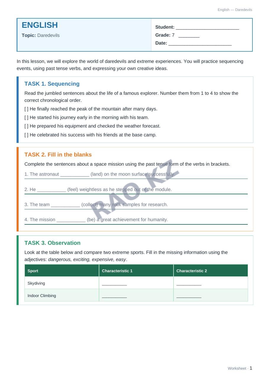 Worksheet English Grade 7 Term 2: Daredevils
