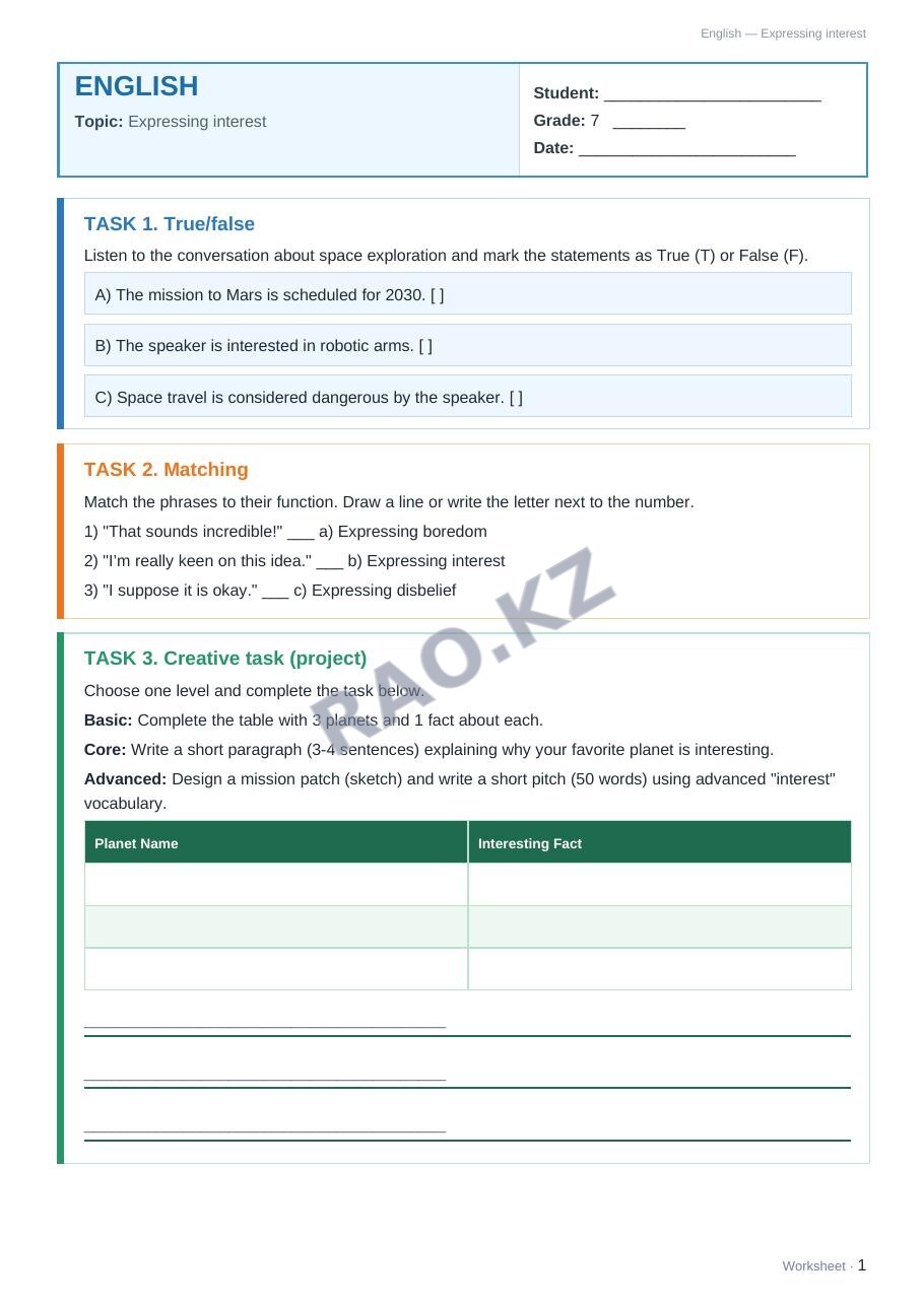 Worksheet English Grade 7 Term 2: Expressing interest