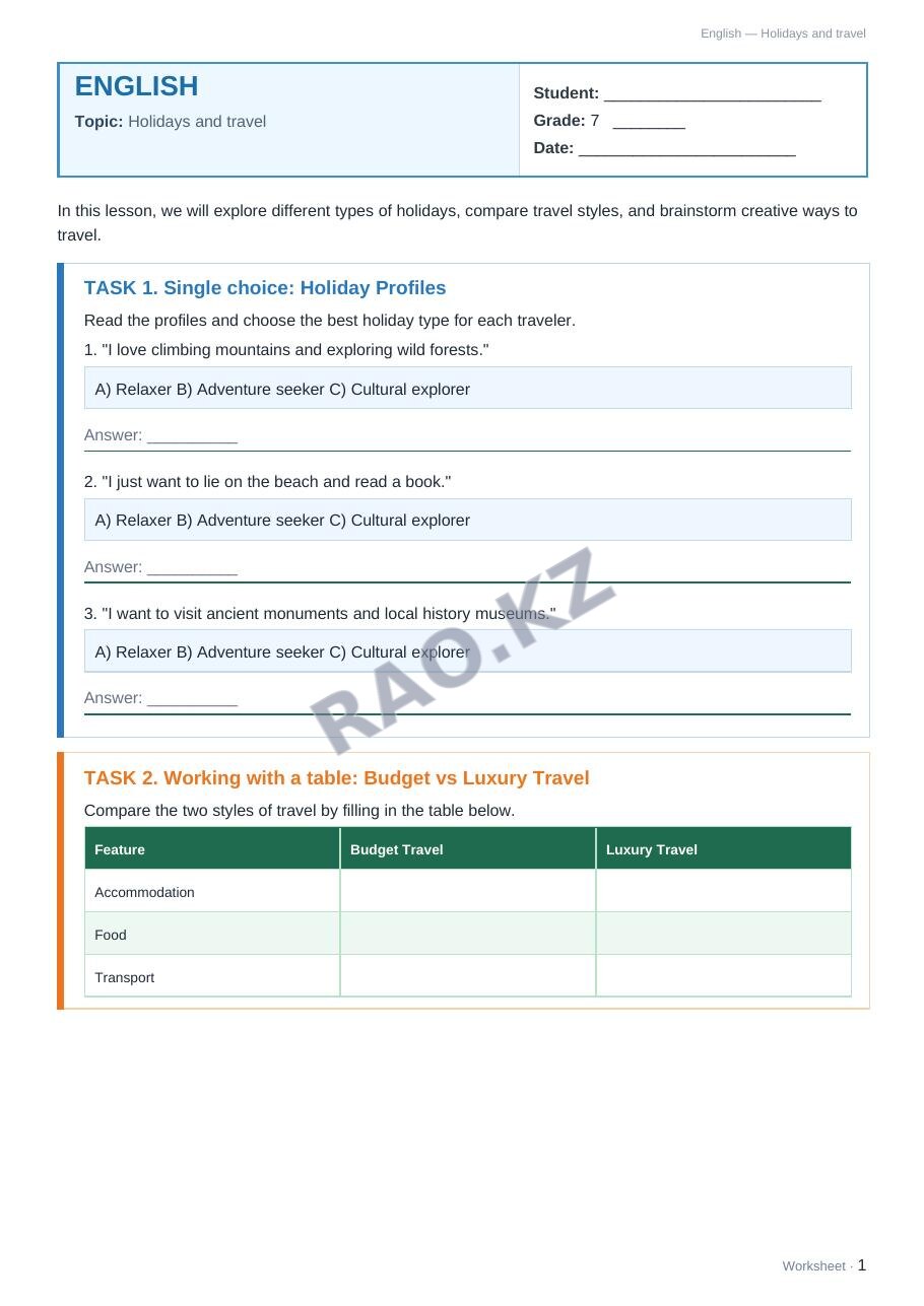 Worksheet English Grade 7 Term 2: Holidays and travel