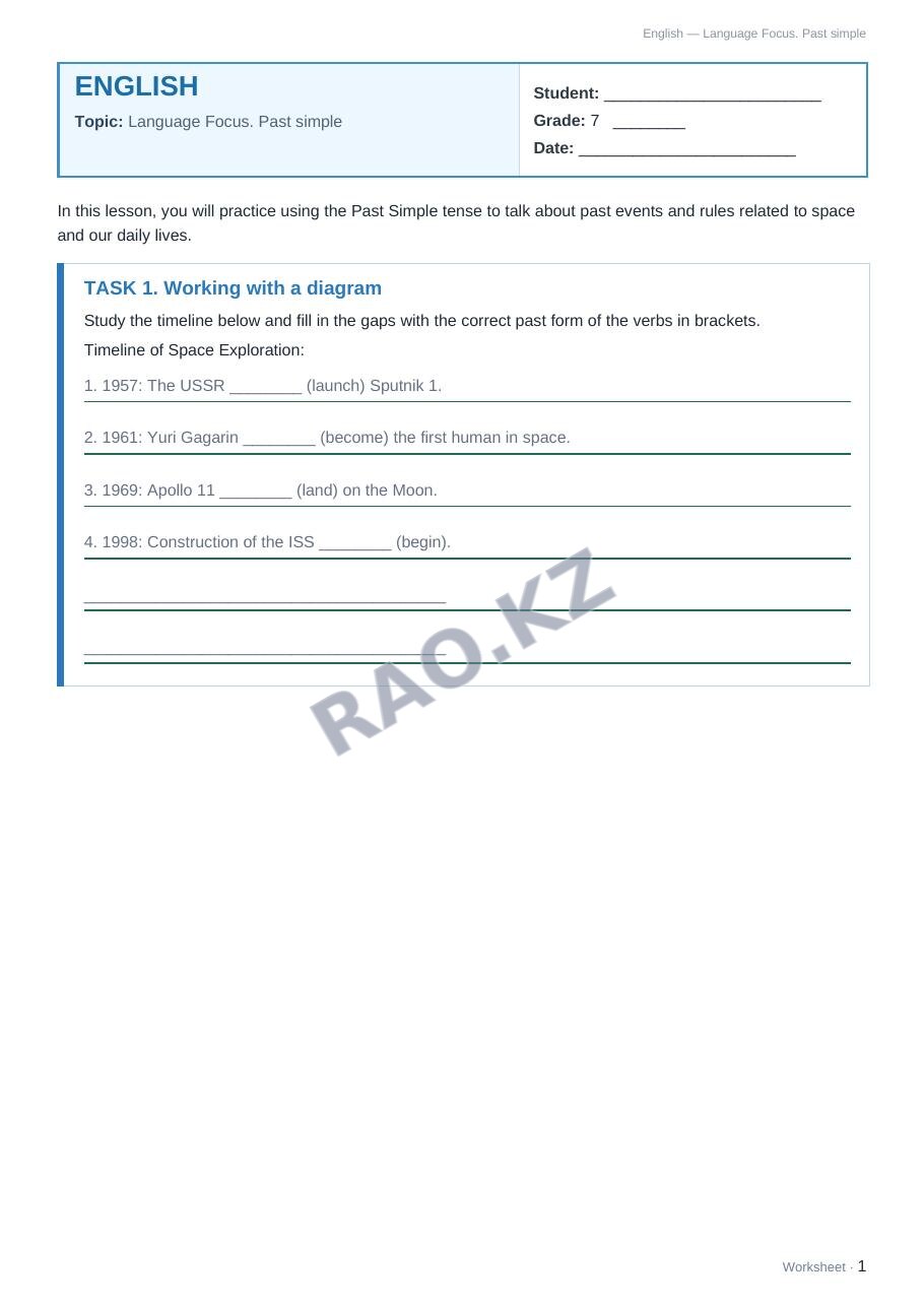 Worksheet English Grade 7 Term 2: Language Focus. Past simple