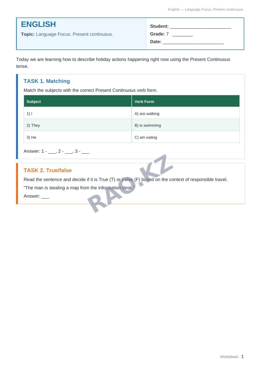 Worksheet English Grade 7 Term 2: Language Focus. Present continuous.