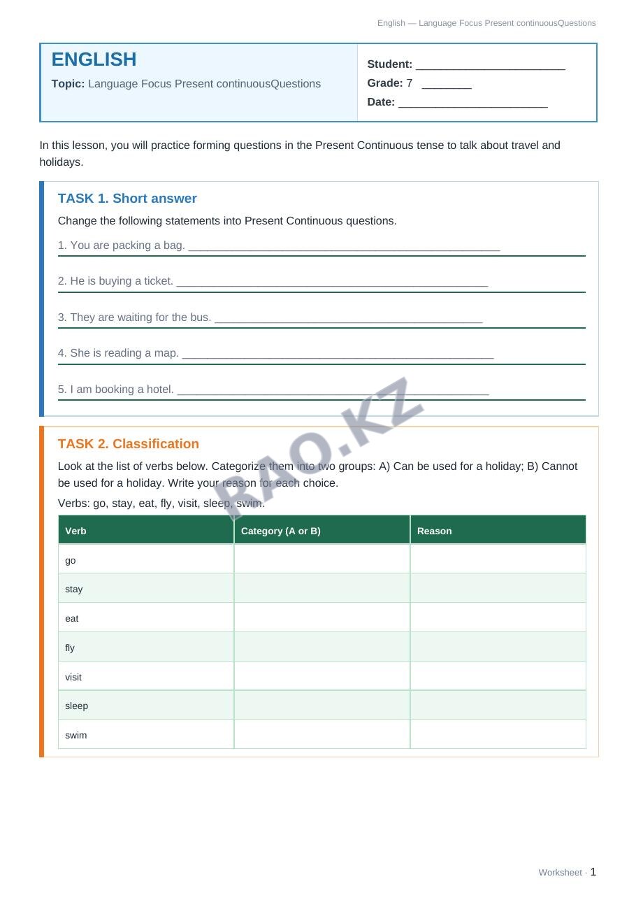 Worksheet English Grade 7 Term 2: Language Focus Present continuousQuestions