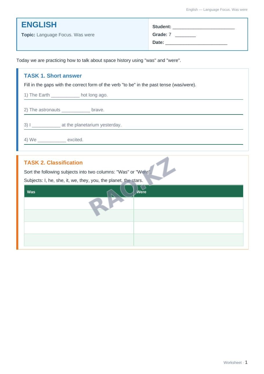 Worksheet English Grade 7 Term 2: Language Focus. Was were