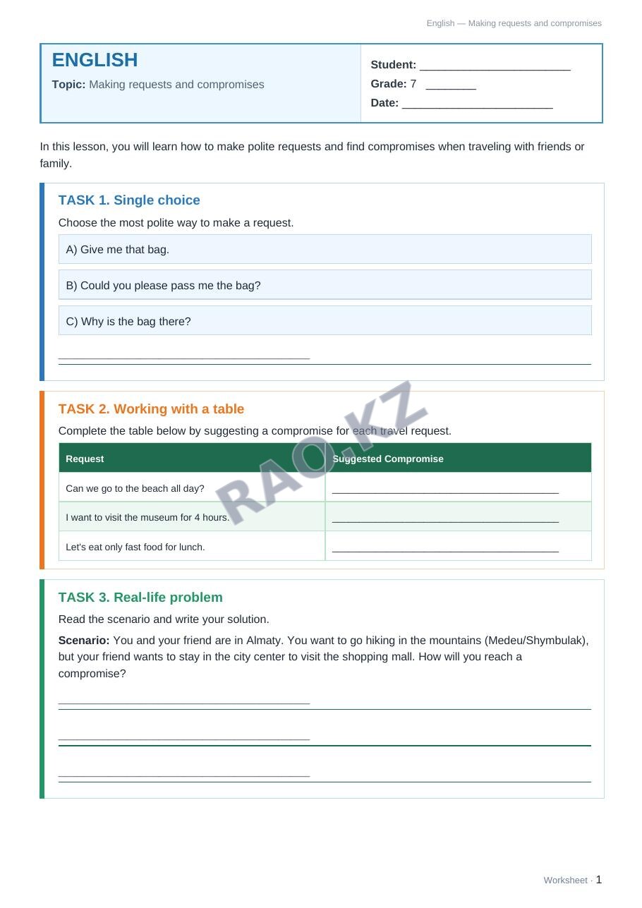 Worksheet English Grade 7 Term 2: Making requests and compromises