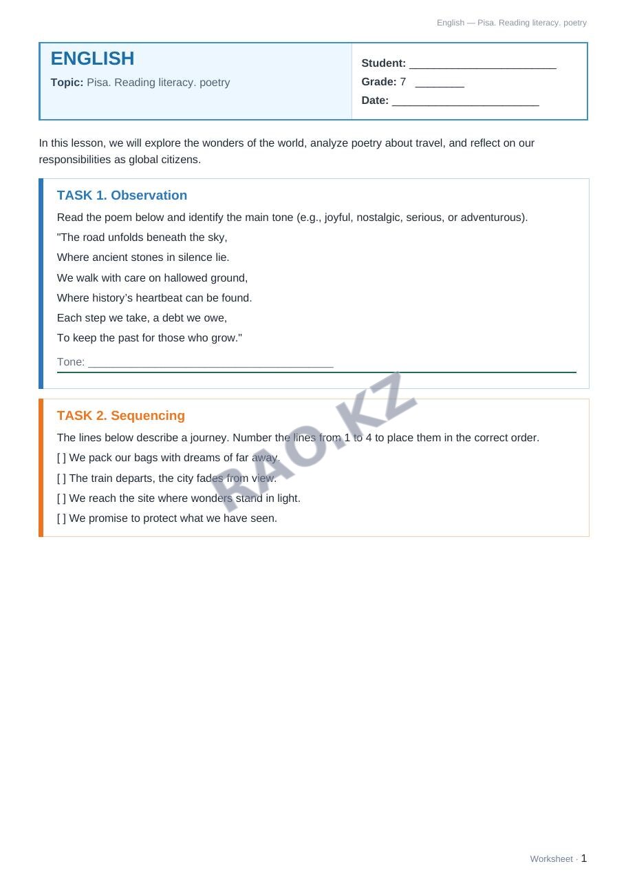 Worksheet English Grade 7 Term 2: Pisa. Reading literacy. poetry