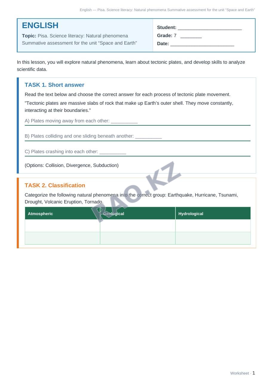 Worksheet English Grade 7 Term 2: Pisa. Science literacy: Natural phenomena Summative assessment for the unit “Space and Earth”