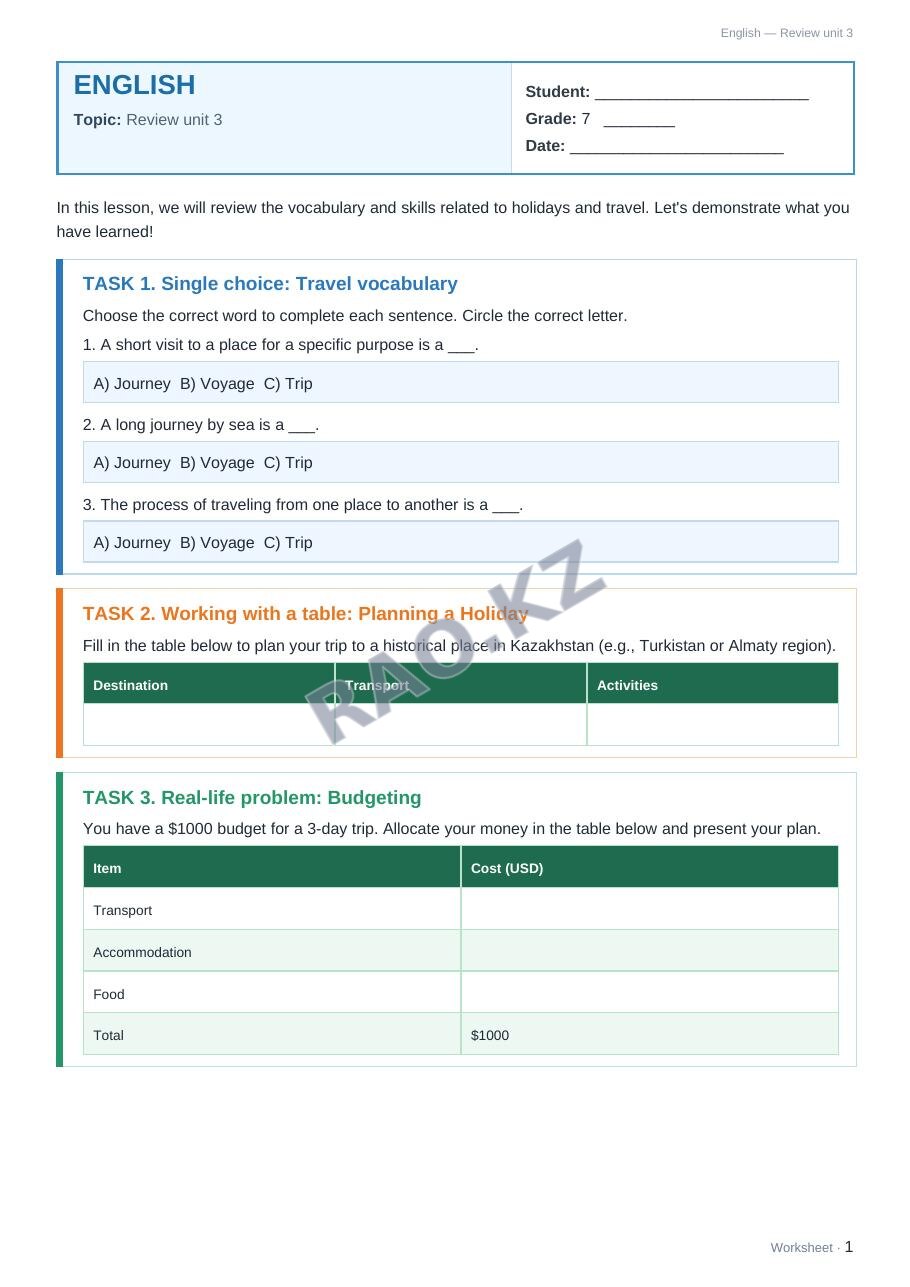 Worksheet English Grade 7 Term 2: Review unit 3 (lesson 3)