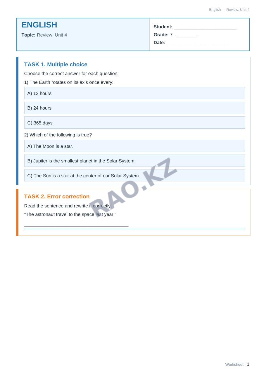 Worksheet English Grade 7 Term 2: Review. Unit 4 (lesson 3)