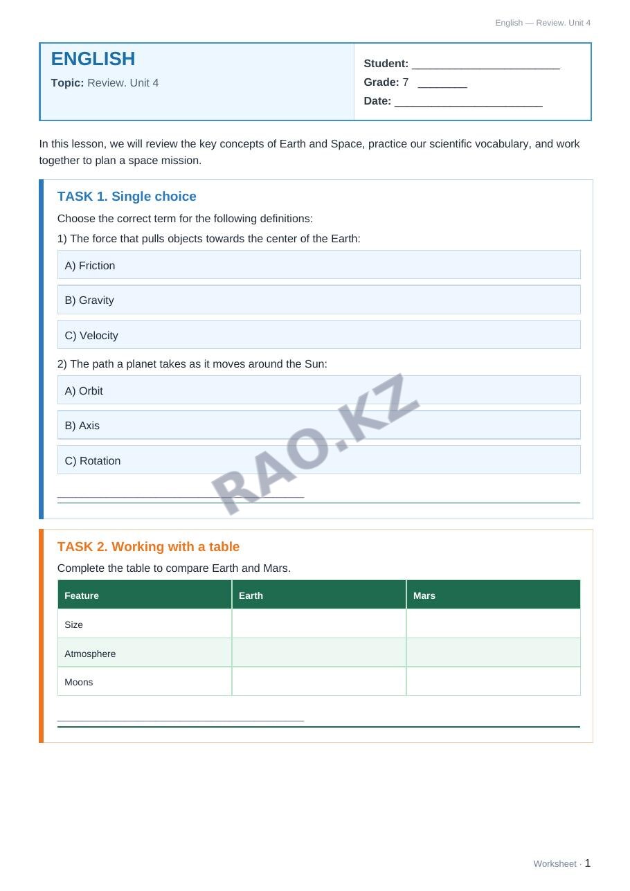 Worksheet English Grade 7 Term 2: Review. Unit 4