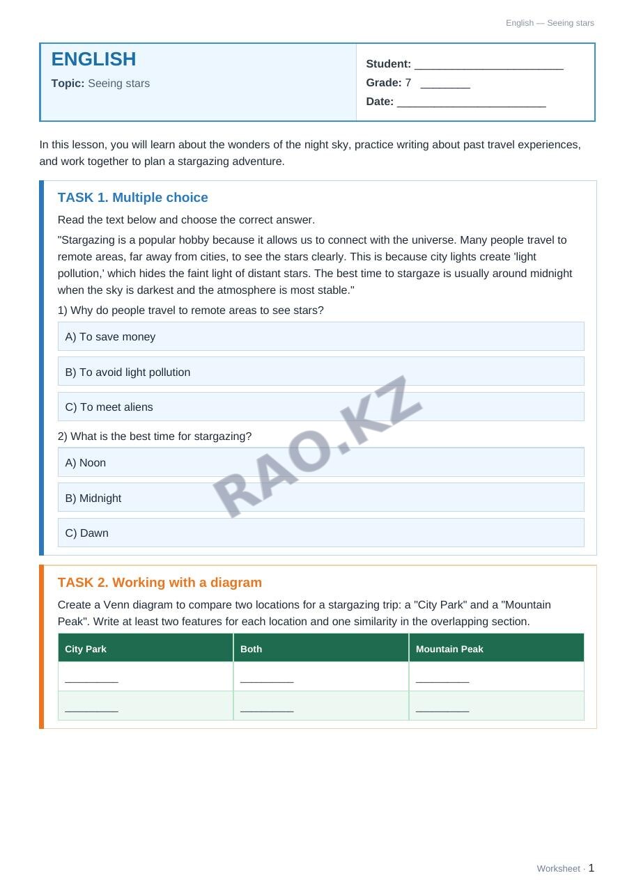 Worksheet English Grade 7 Term 2: Seeing stars
