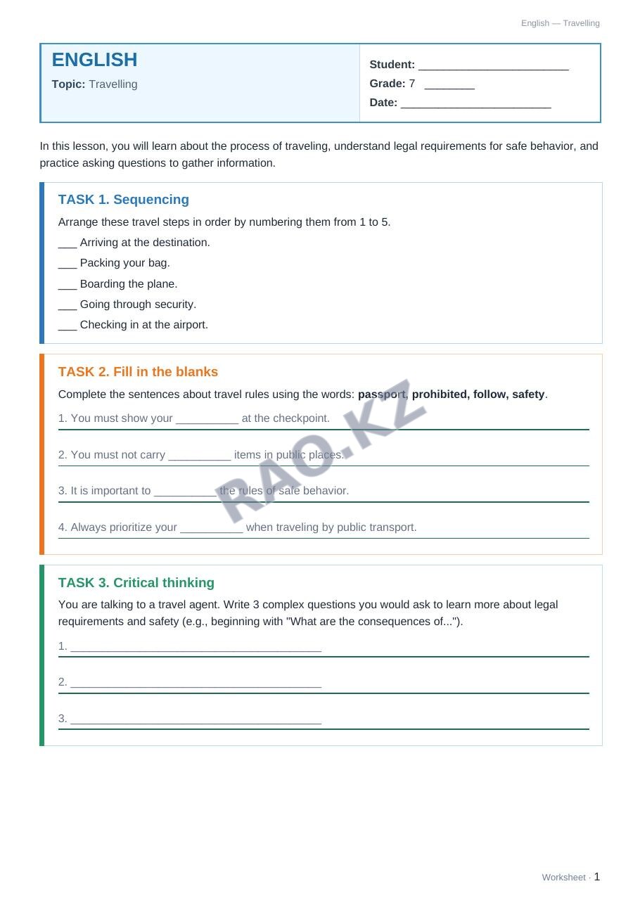 Worksheet English Grade 7 Term 2: Travelling