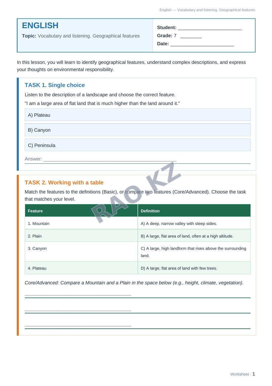 Worksheet English Grade 7 Term 2: Vocabulary and listening. Geographical features