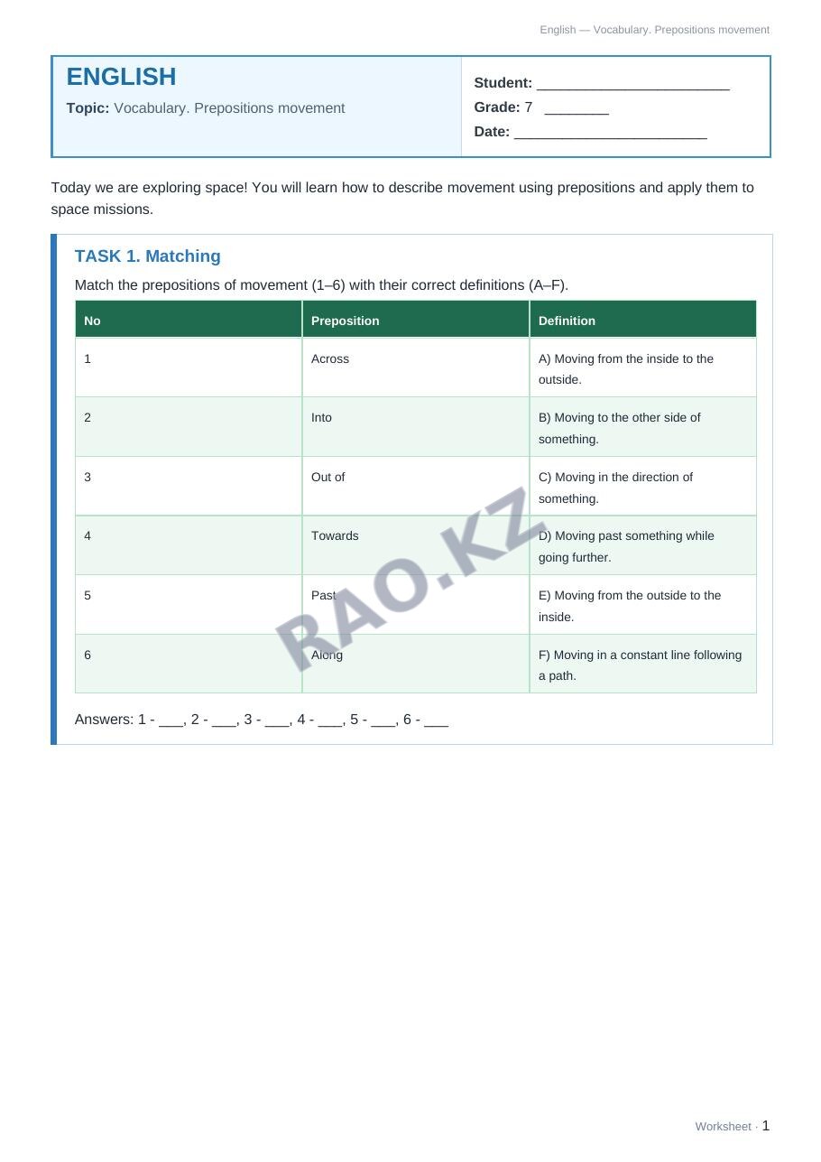 Worksheet English Grade 7 Term 2: Vocabulary. Prepositions movement