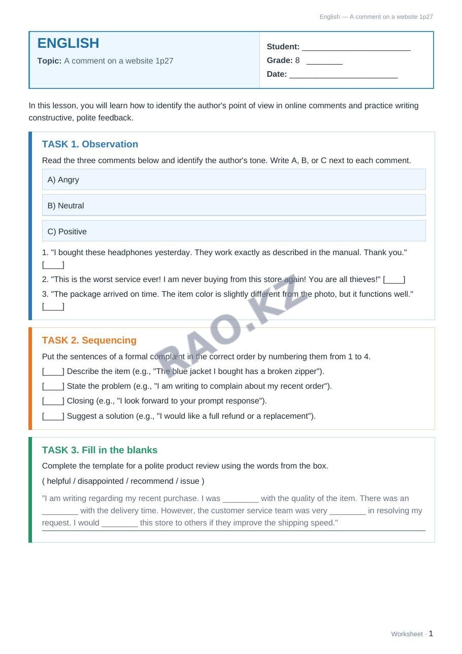 Worksheet English Grade 8 Term 1: A comment on a website 1p27
