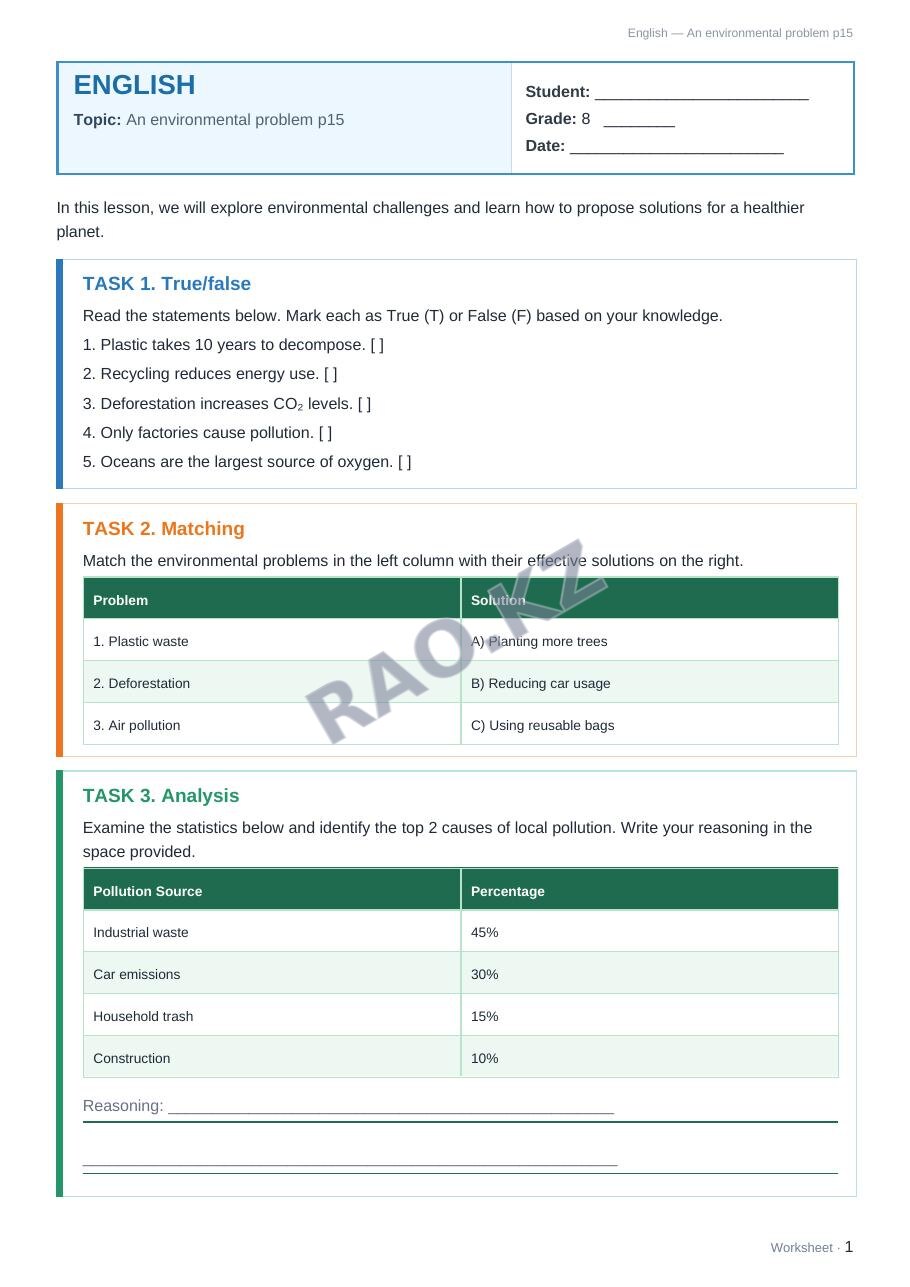 Worksheet English Grade 8 Term 1: An environmental problem p15
