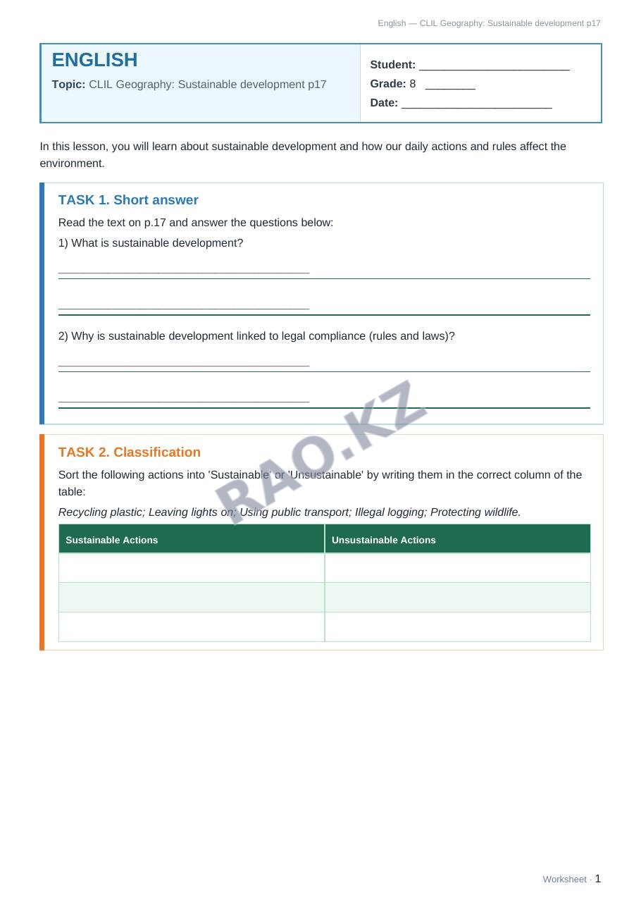 Worksheet English Grade 8 Term 1: CLIL Geography: Sustainable development p17
