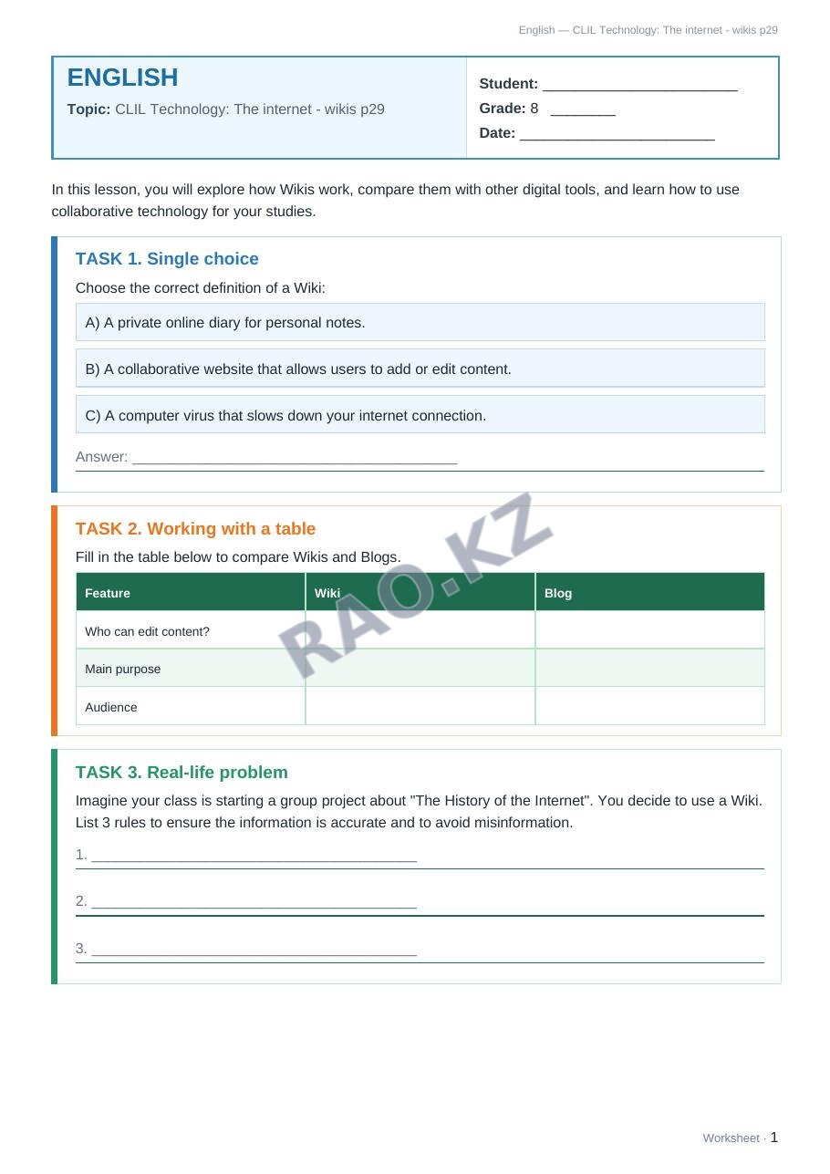Worksheet English Grade 8 Term 1: CLIL Technology: The internet - wikis p29