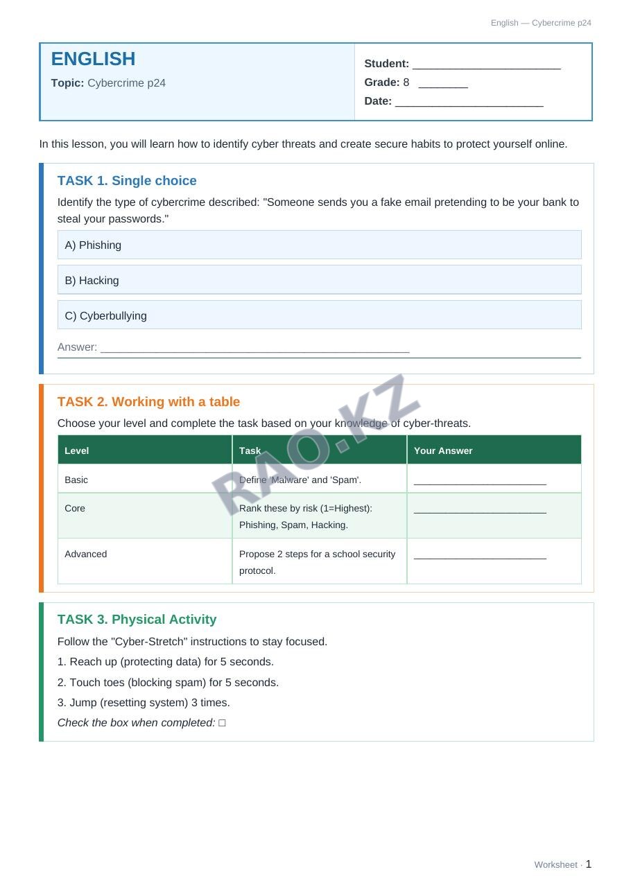 Worksheet English Grade 8 Term 1: Cybercrime p24
