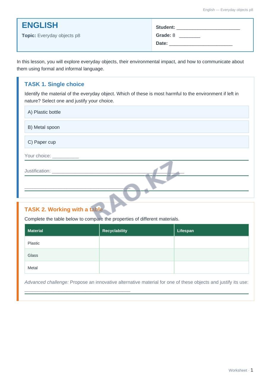 Worksheet English Grade 8 Term 1: Everyday objects p8