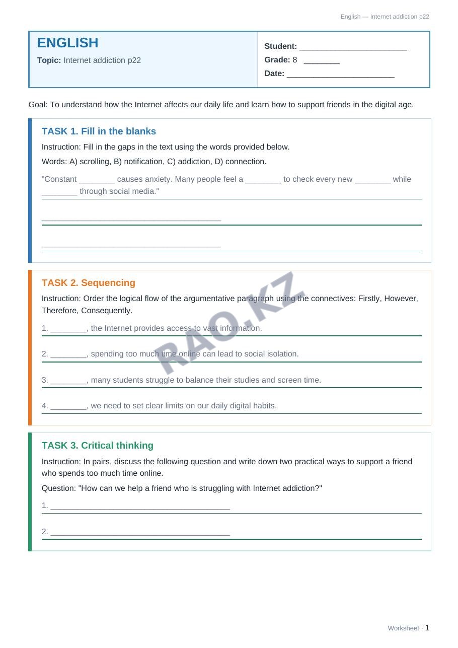 Worksheet English Grade 8 Term 1: Internet addiction p22