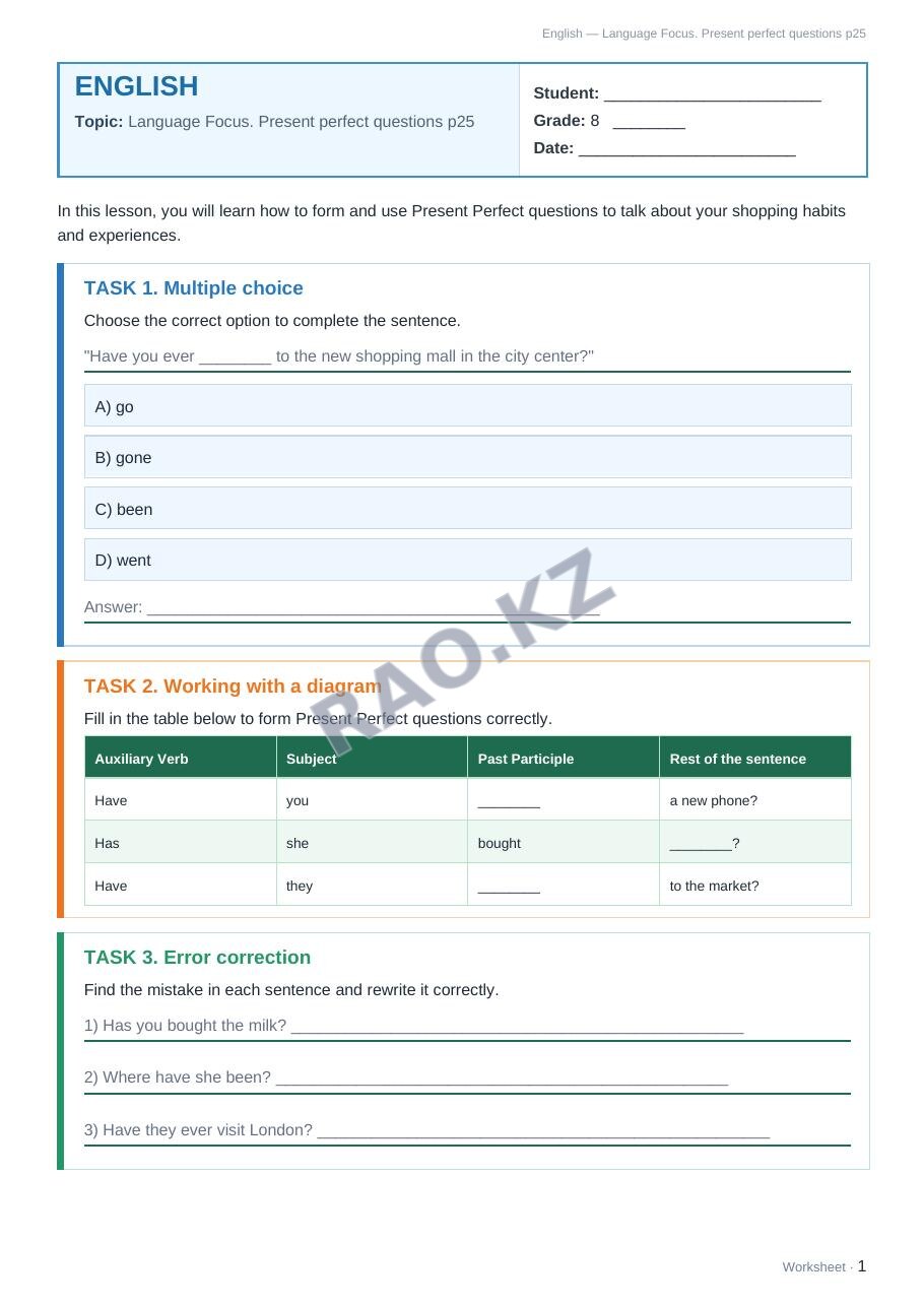 Worksheet English Grade 8 Term 1: Language Focus. Present perfect questions p25