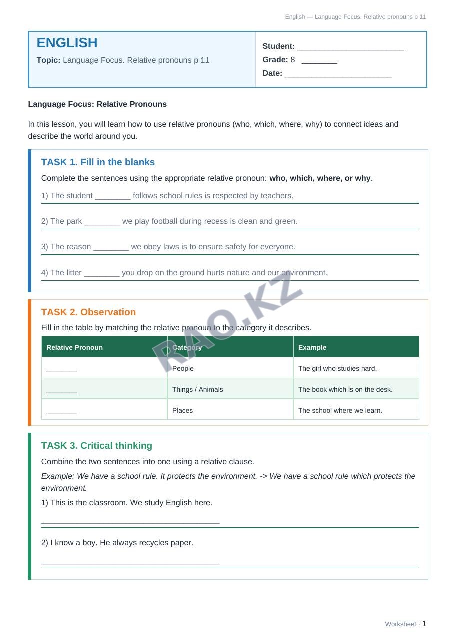 Worksheet English Grade 8 Term 1: Language Focus. Relative pronouns p 11