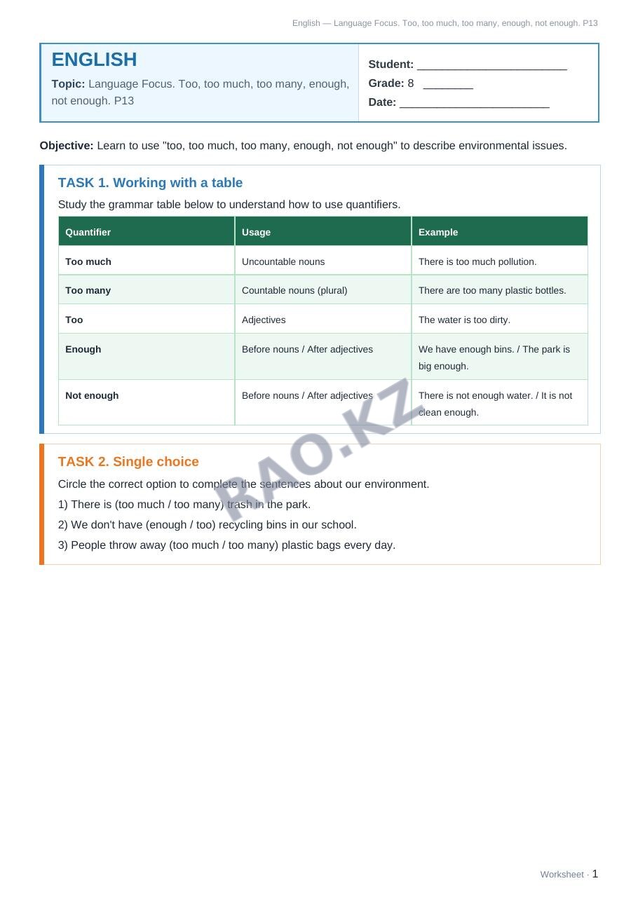 Worksheet English Grade 8 Term 1: Language Focus. Too, too much, too many, enough, not enough. P13