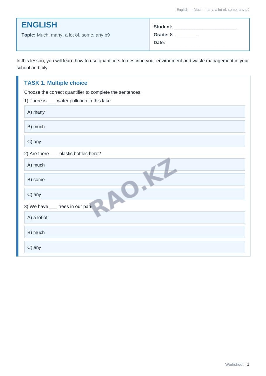 Worksheet English Grade 8 Term 1: Much, many, a lot of, some, any p9