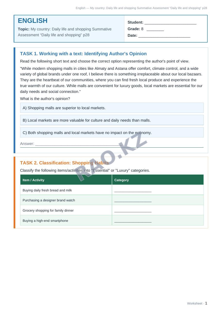 Worksheet English Grade 8 Term 1: My country: Daily life and shopping Summative Assessment “Daily life and shopping” p28