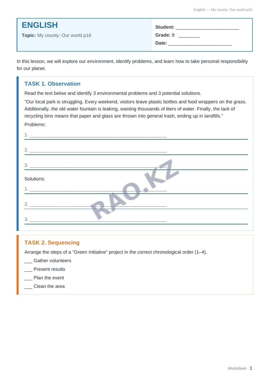 Worksheet English Grade 8 Term 1: My county: Our world p16