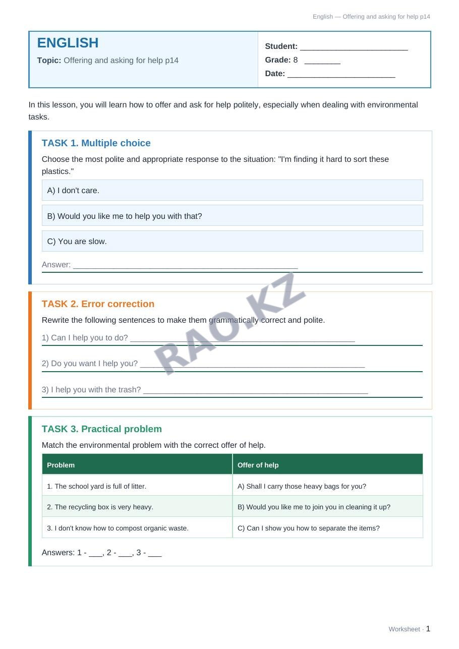 Worksheet English Grade 8 Term 1: Offering and asking for help p14
