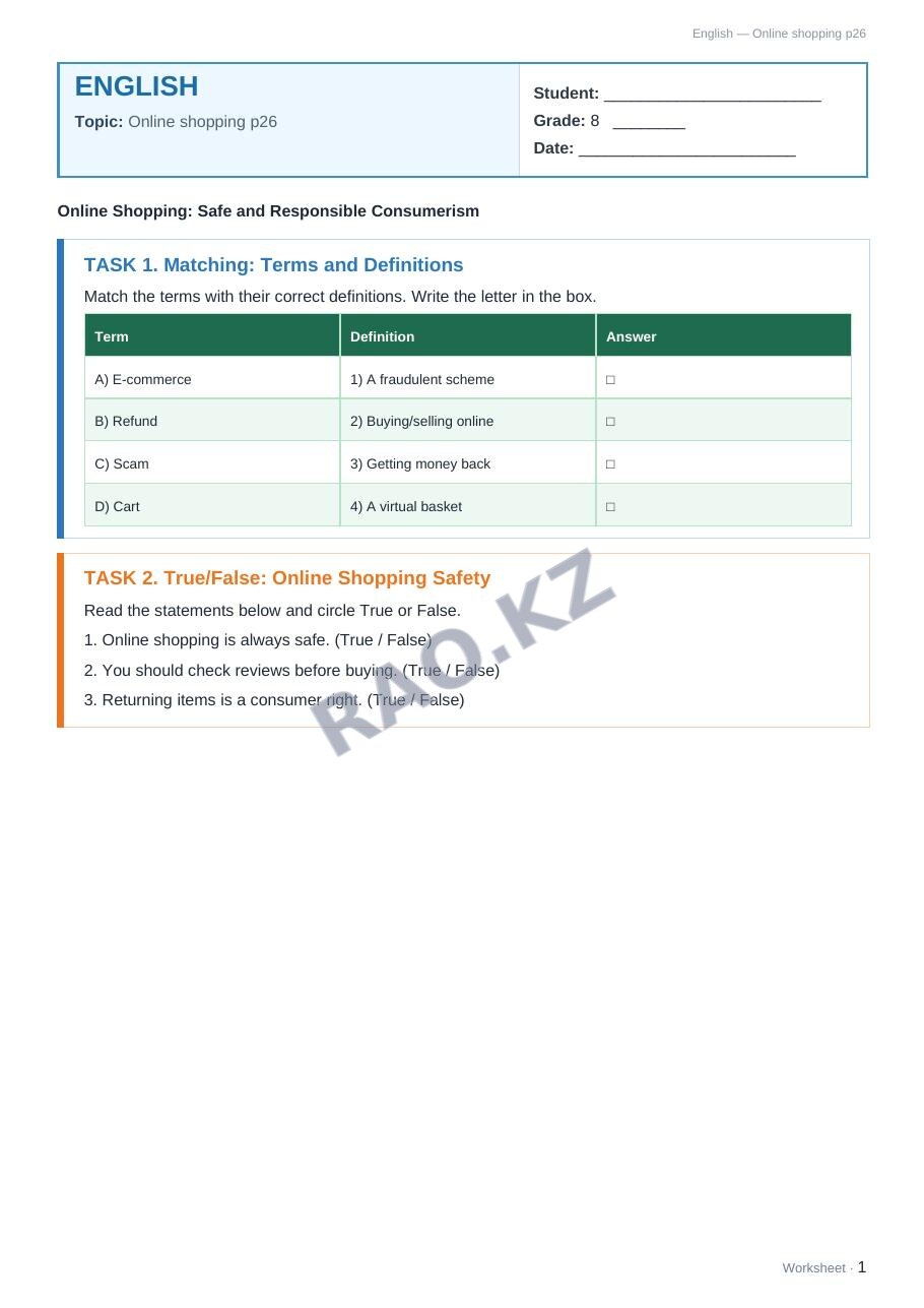 Worksheet English Grade 8 Term 1: Online shopping p26