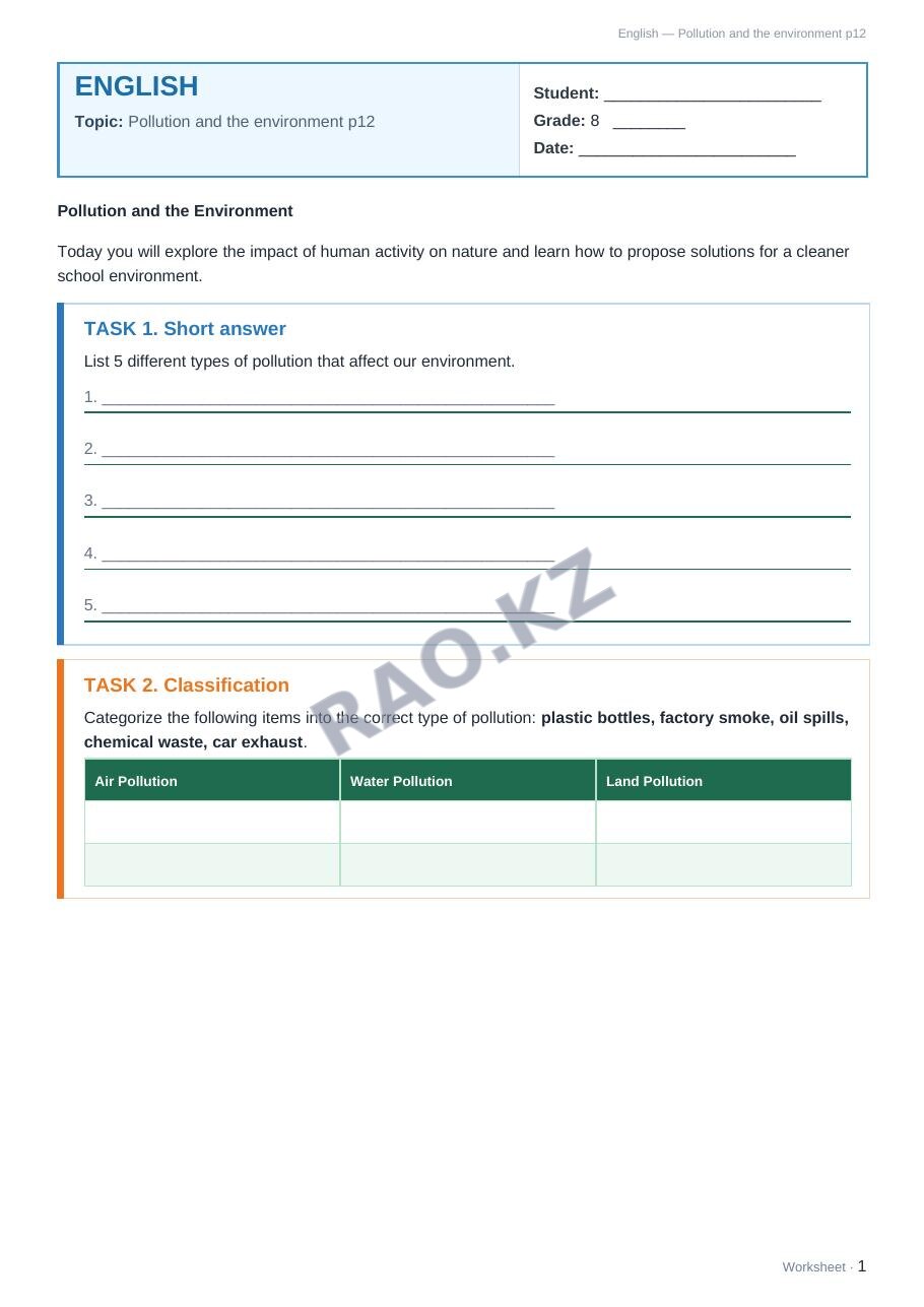 Worksheet English Grade 8 Term 1: Pollution and the environment p12