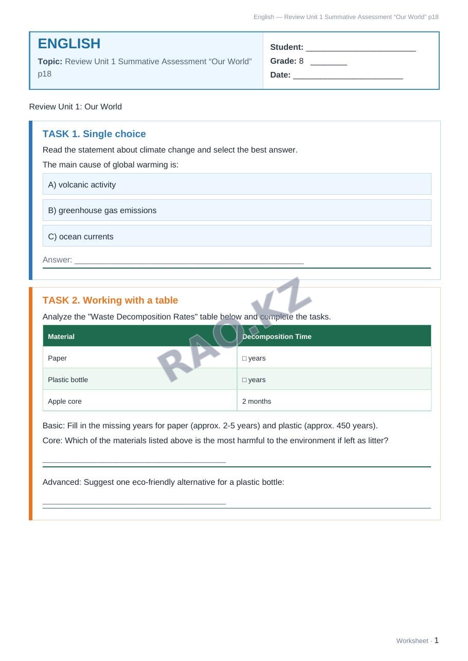 Worksheet English Grade 8 Term 1: Review Unit 1 Summative Assessment “Our World” p18