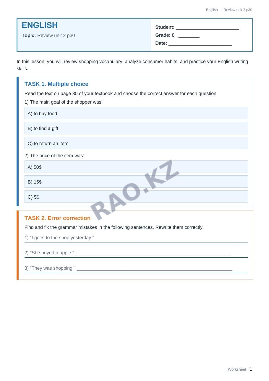 Worksheet English Grade 8 Term 1: Review unit 2 p30