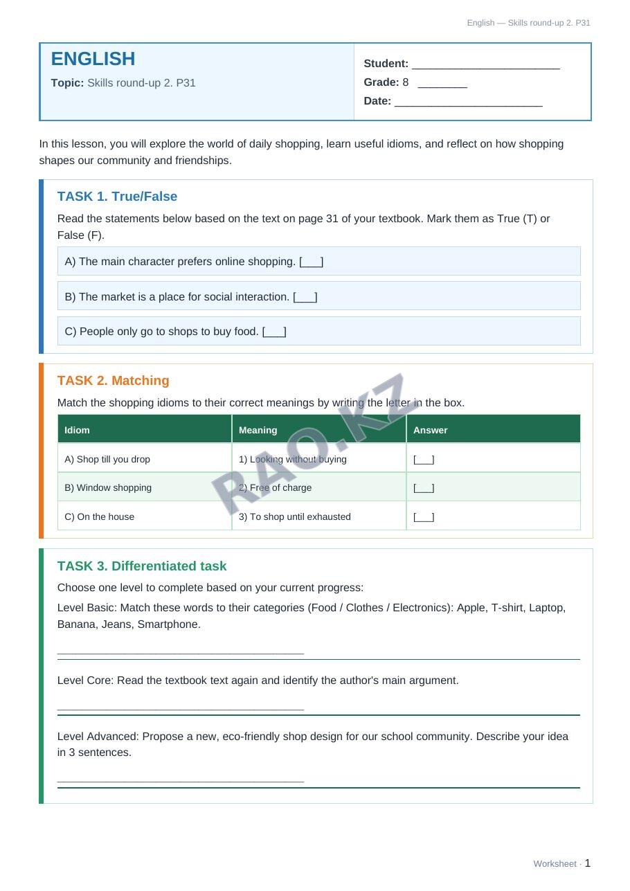 Worksheet English Grade 8 Term 1: Skills round-up 2. P31