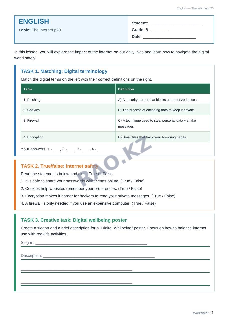 Worksheet English Grade 8 Term 1: The internet p20