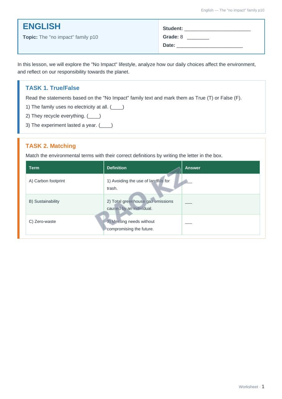Worksheet English Grade 8 Term 1: The "no impact" family p10