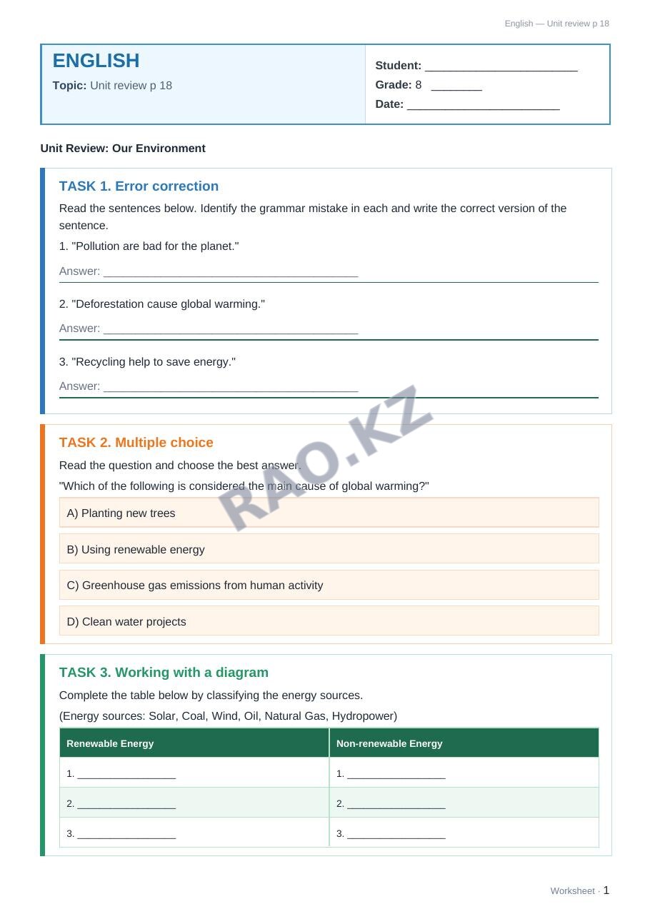 Worksheet English Grade 8 Term 1: Unit review p 18
