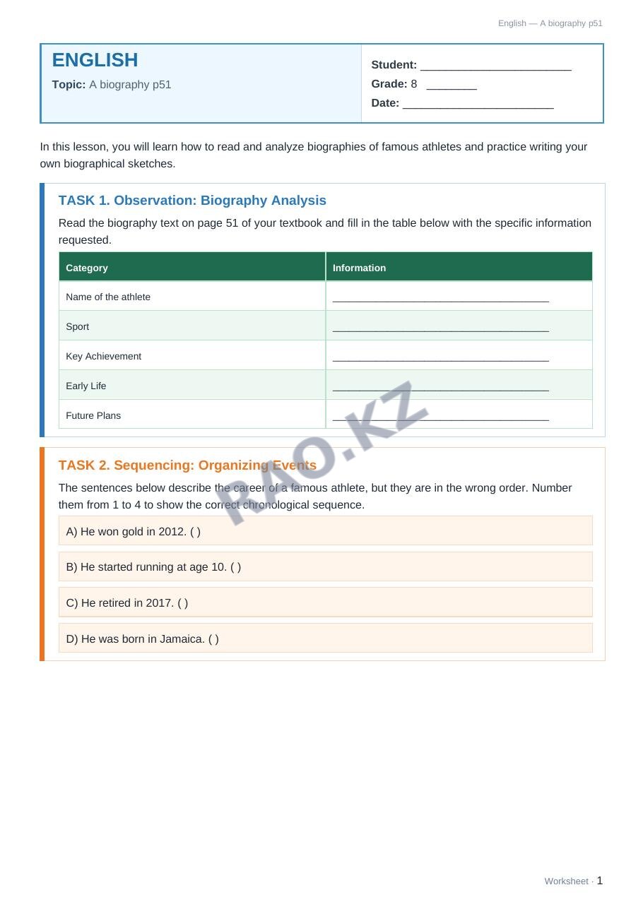 Worksheet English Grade 8 Term 2: A biography p51