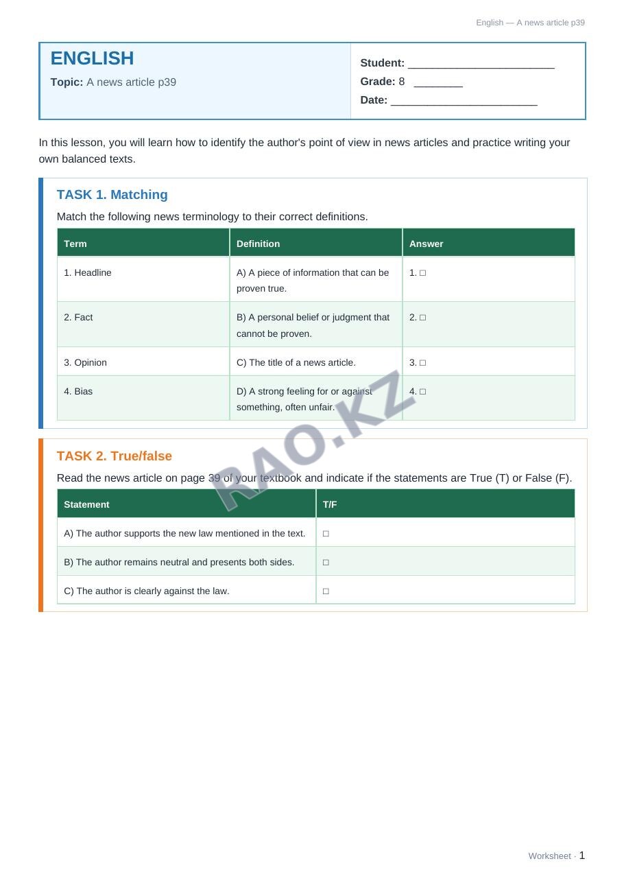 Worksheet English Grade 8 Term 2: A news article p39