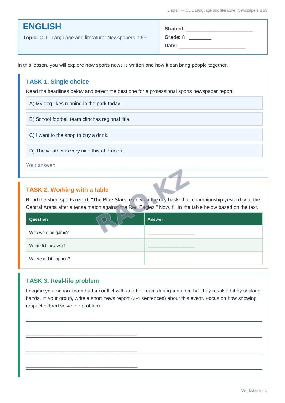 Worksheet English Grade 8 Term 2: CLIL Language and literature: Newspapers p 53