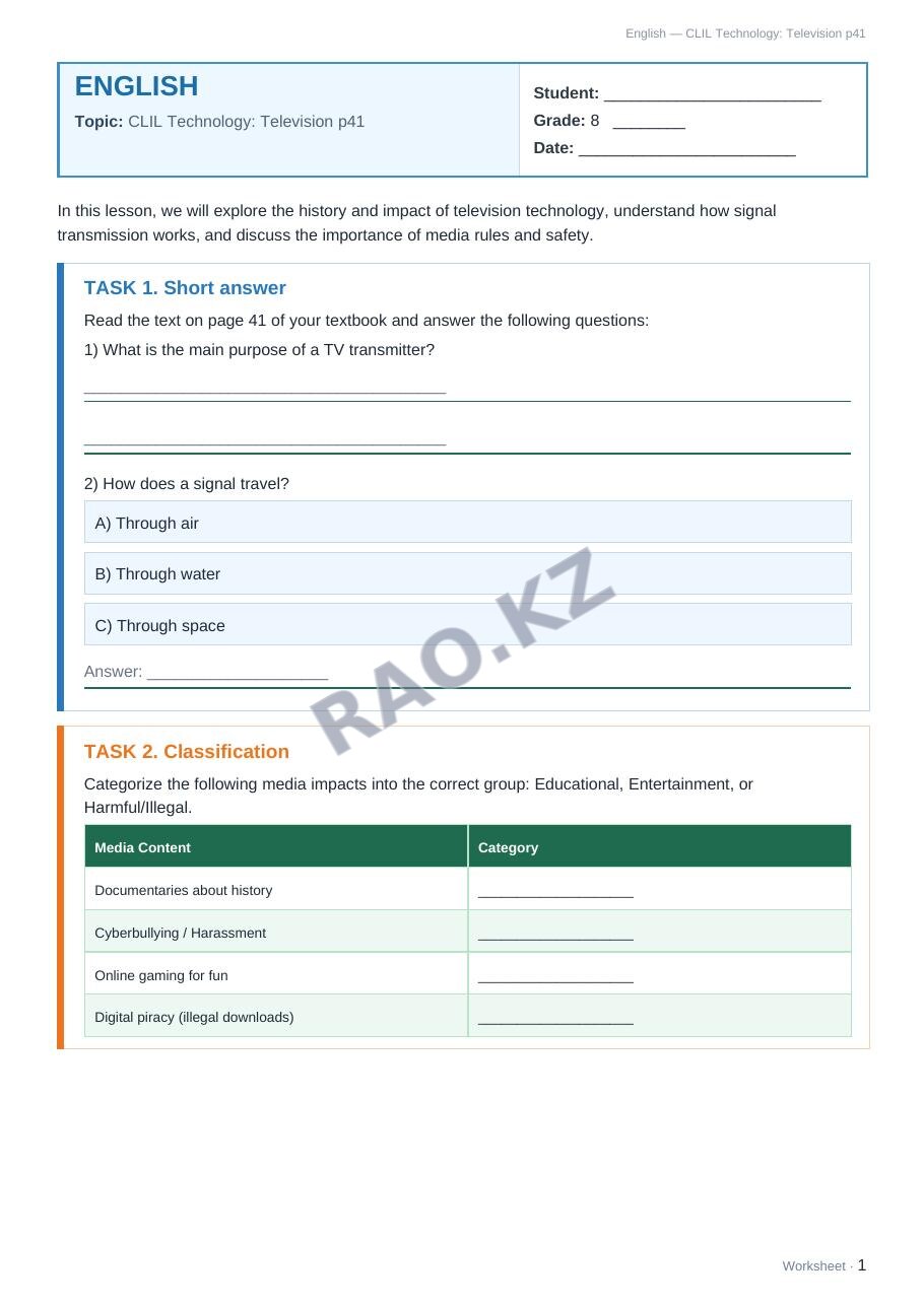 Worksheet English Grade 8 Term 2: CLIL Technology: Television p41