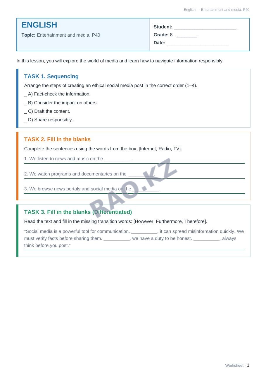 Worksheet English Grade 8 Term 2: Entertainment and media. P40