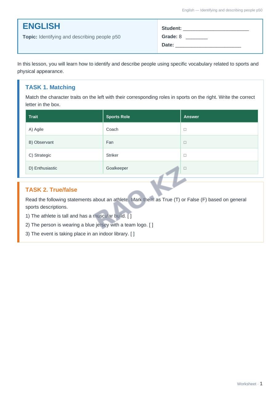 Worksheet English Grade 8 Term 2: Identifying and describing people p50